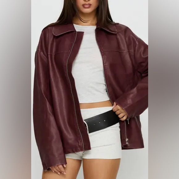 Princess Polly Napoleon Faux Leather Jacket in Burgundy 4 - Picture 3 of 10